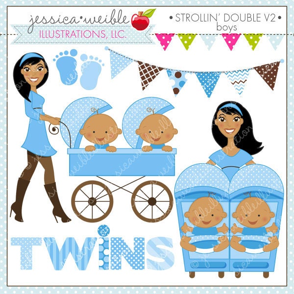 Strollin Double Boys V2 Cute Digital Clipart for Commercial or Personal Use, TWIN BOYS Clipart, Twins Stroller Il_170x135