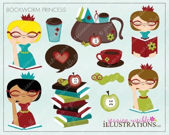 Bookworm Princess Cute Digital Clipart for Card Design, Scrapbooking, and Web Design Il_570xn