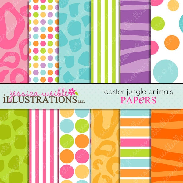 Easter Jungle Animals Cute Digital Papers Backgrounds for Invitations, Card Design, Scrapbooking, and Web Design Il_570xn