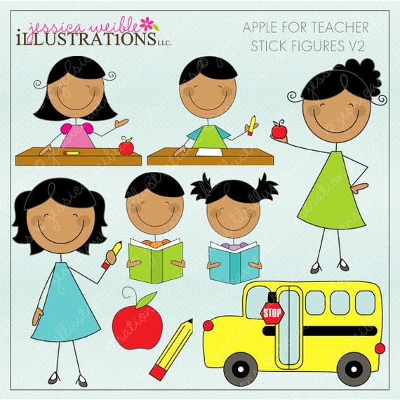 Apple for Teacher Stick Figures V2 Cute Digital Clipart for Card Design, Scrapbooking, and Web Design Il_570xn