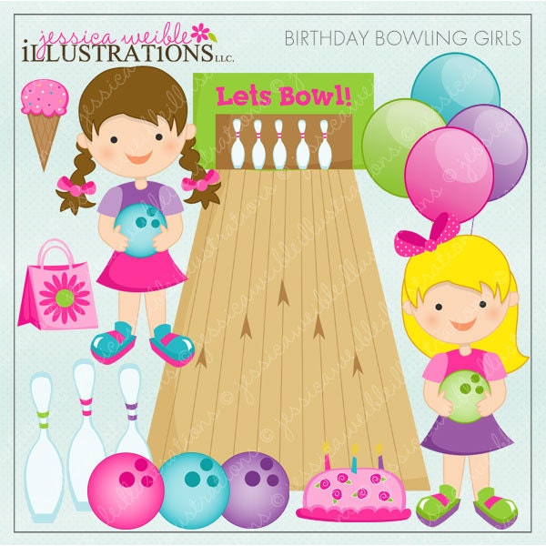 Birthday Bowling Girls Cute Digital Clipart for Card Design, Scrapbooking, and Web Design Il_570xn