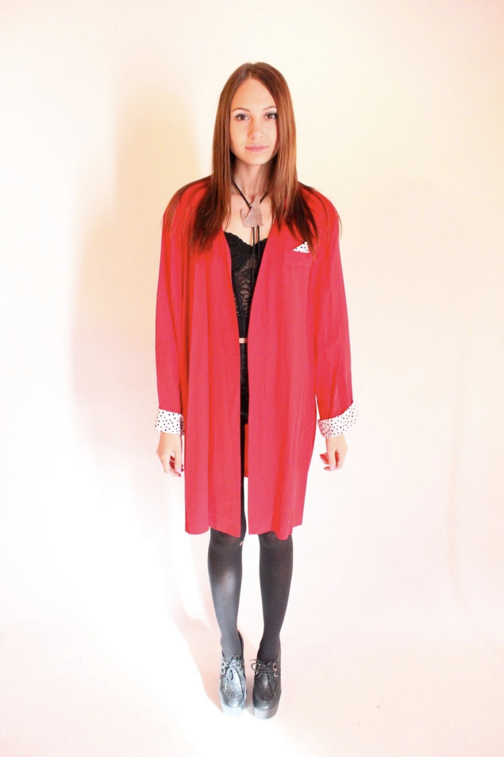 GATSBY 80s Slouchy Nautical Polka Dot and Red Open Blazer Coat