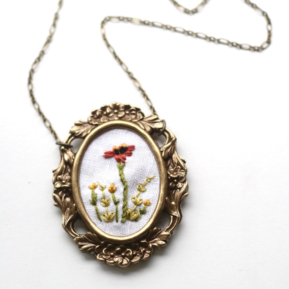 Poppy and Fern- hand embroidered necklace, floral, spring, garden