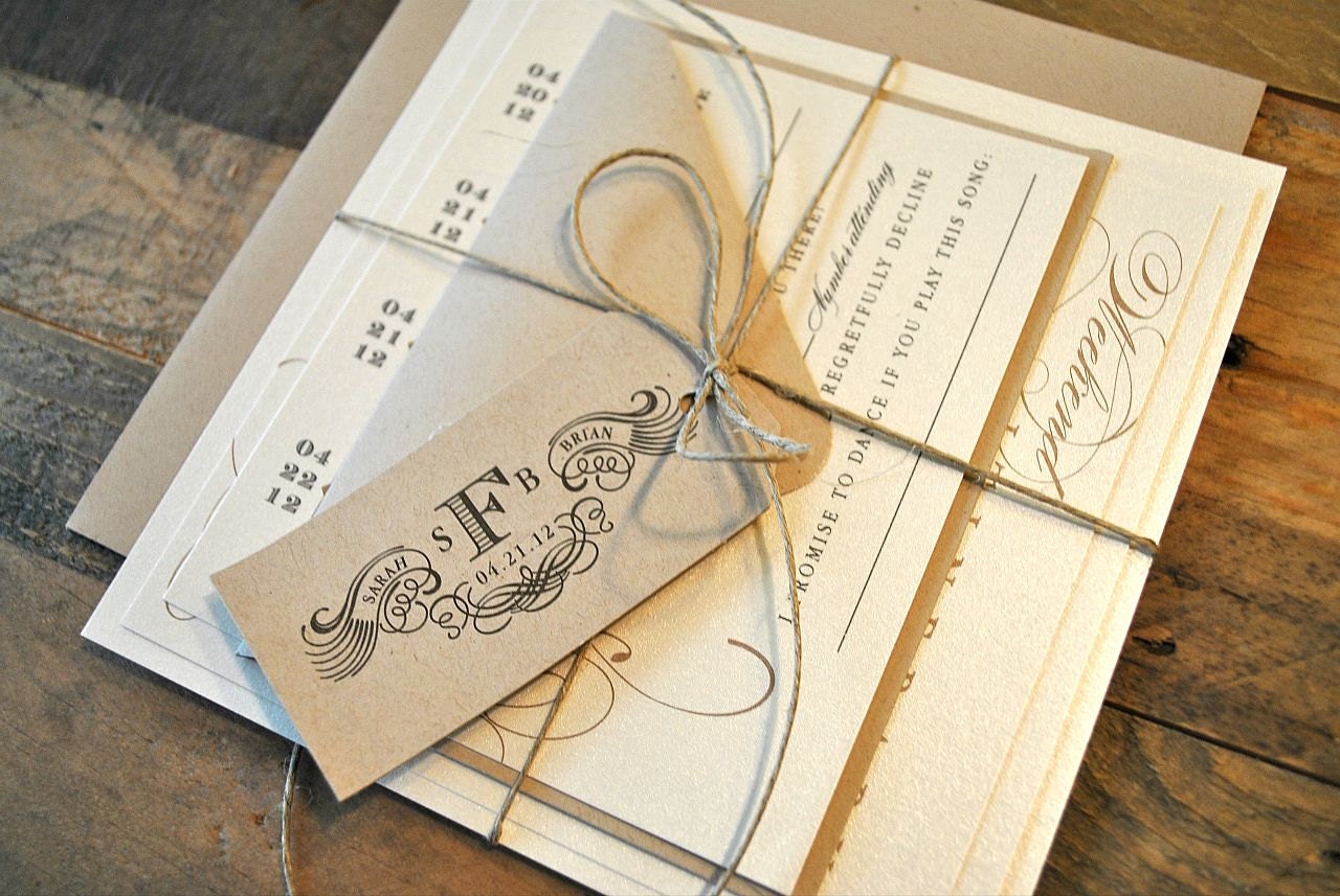 Miranda II Vintage Luggage Tag Look Wedding Invitation Suite with Twine Tie and Tag - Kraft, Ivory, Tan, Charcoal (colors/text customizable)