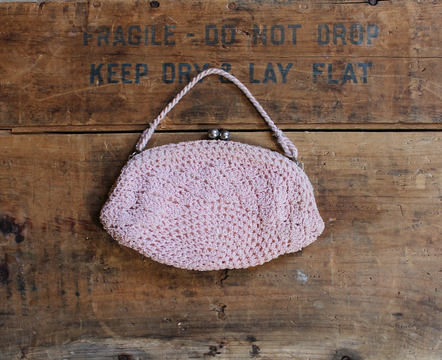 40s purse - vintage 1940s crochet handbag - pale blush pink