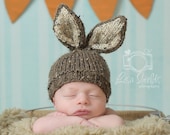 Knit Baby Bunny / Newborn Hat, Easter Rabbit, Knitted Photo Prop, Barley Brown with Oatmeal Inner Ears, Custom colors avail, NB 0-3 Mo.