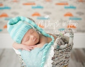 Duck Egg Blue/ Mint, Light Blue or Pink White Knitted Newborn Stocking Elf Baby Hat, Knit Infant Photo Prop, 0-3 mo