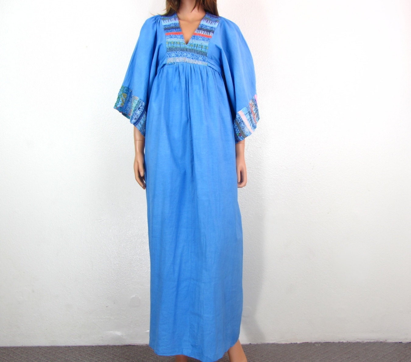 Vintage 1970 Boho Hand Dyed Blue Maxi Dress medium Oso Victoria