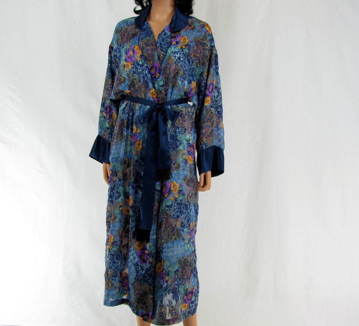 Vintage 1980s Victoria's Secret Full Length Semi-Sheer Paisley Blue Robe