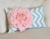 Chevron Lumbar Pillow Light Pink Dahlia on Blue and Natural Zig Zag Lumbar Pillow 9 x 16- Rustic Shabby Chic