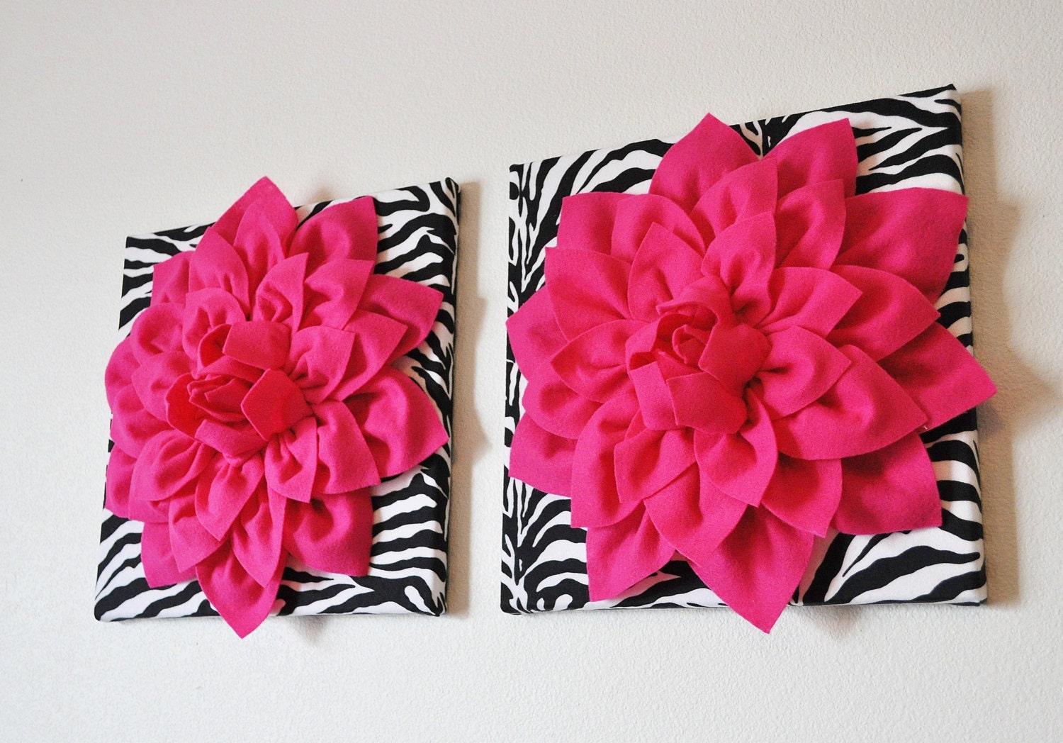 TWO Wall Flowers -Hot Pink Dahlia Flowers on Black and White Zebra Print 12 x12" Canvas Wall Art- Baby Nursery Wall Decor-