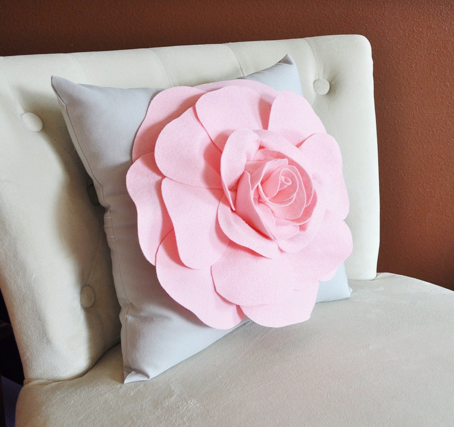 Light Pink Rose on Light Grey Pillow 14x14
