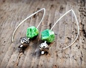 Green Earrings, Geometric, Silver Open Hoops, Moss Agate