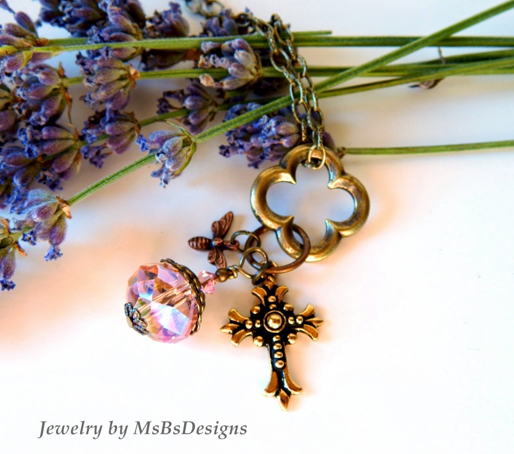 Rose Pink Necklace Pastel Neo Victorian Swarovski Crystal Antique Brass Cross Charm Vintage Style Bridal Wedding Jewelry