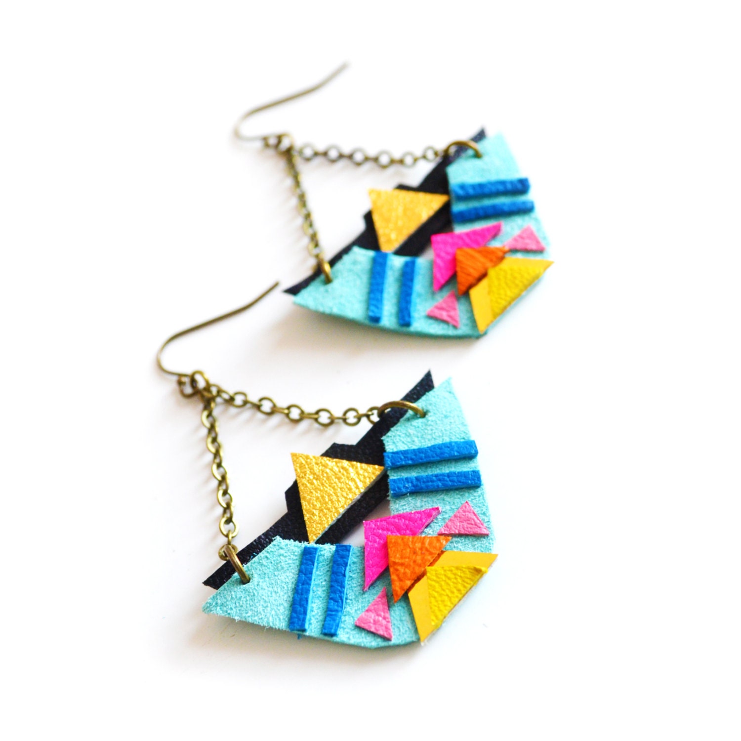 Neon Leather Earrings Tribal Geometric Triangle and Stripes Statement Earrings