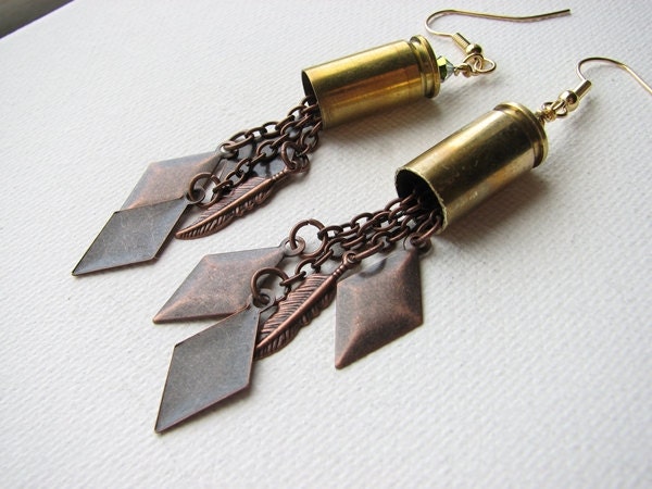Bullet Shell Earrings 9mm Casing Brass Diamond Feather