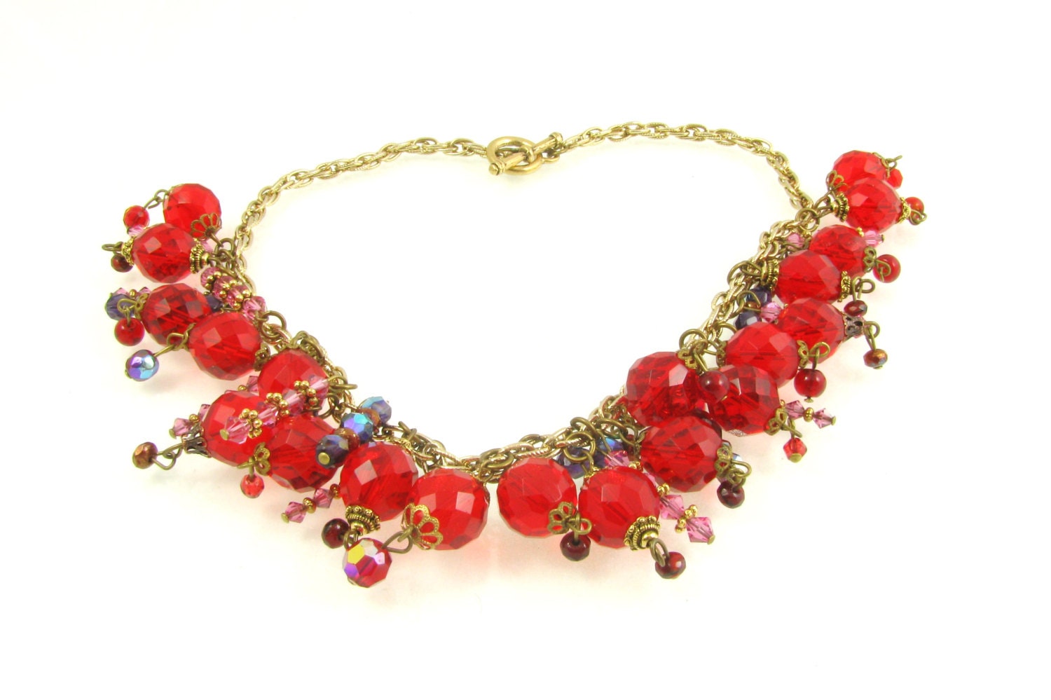 Red Bead Necklace - Jewellery Necklace - Handmade Necklace - Swarovski Crystal Elements - Red, Pink, Mauve