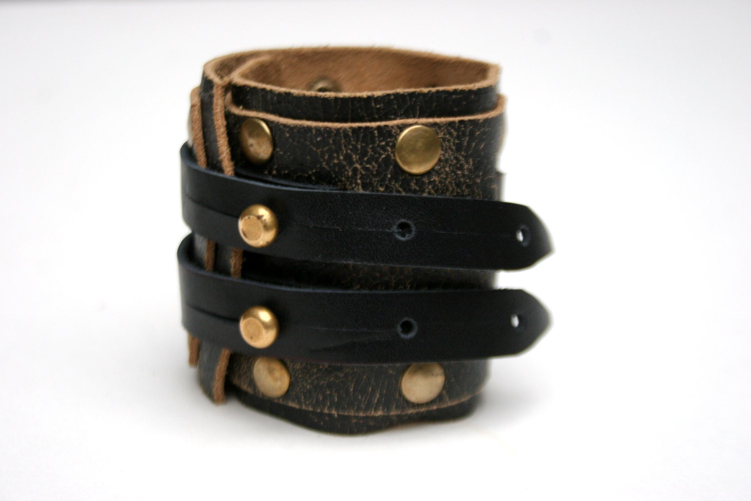 PIRATE Cuff: Black Crackle Leather-Small Rivets