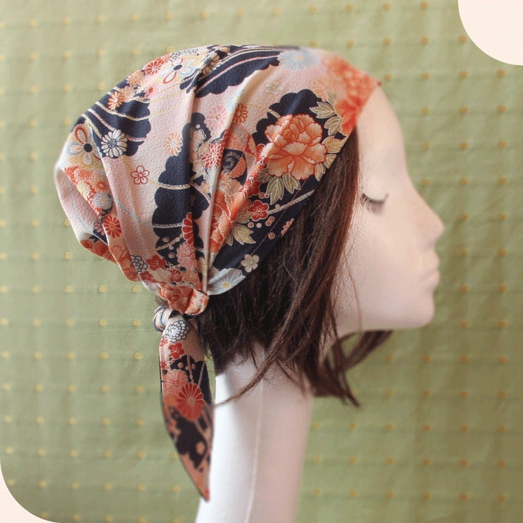 Head cover scarf Japanese kimono print Navy, Pink Floral