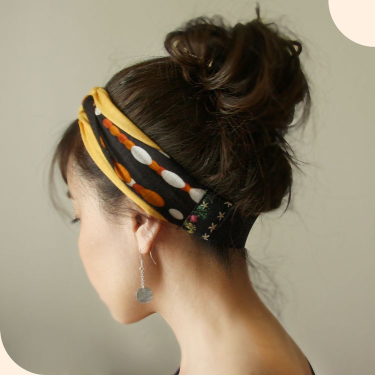 Stretchy Jersey Ring Knot headband Brown Orange White/ Yellow