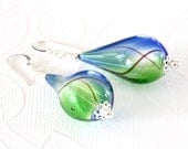 Blown Glass Earrings, Blue and Green Earrings, Murano Glass Jewelry, Sterling Silver Jewelry