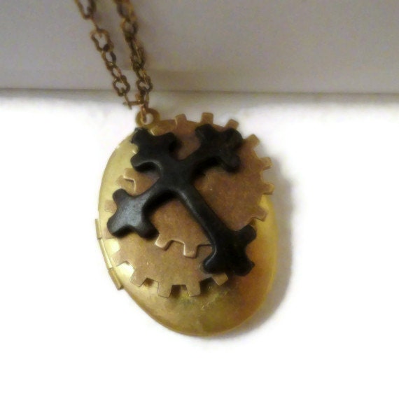 Goth Steampunk Gold Locket Necklace Gothic Locket Black Cross Necklace Goth Jewelry