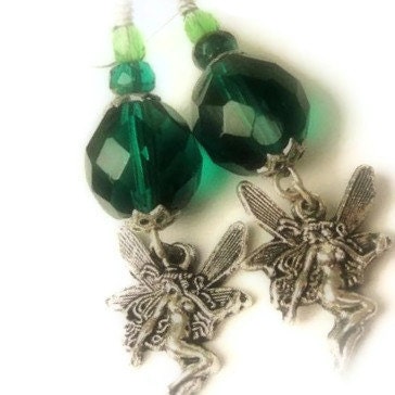 Silver Fairy Earrings, Emerald Green Glass Bead Earrings, Shamrock Beaded Earrings, Spring Dangle Earrings - Green Fairy