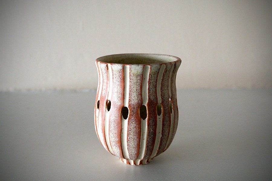 Stoneware Votive with Rustic Carved Design / Wheel Thrown / "PERSIAN ORANGE"