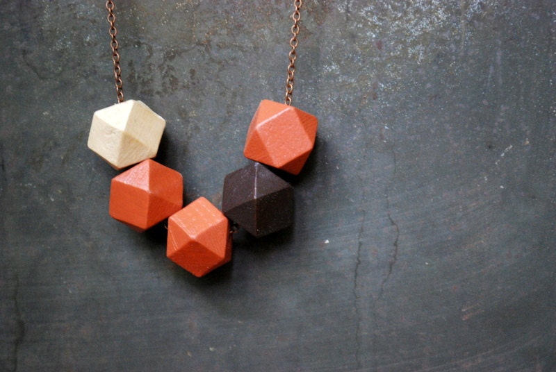 Terra Cotta, Dark Walnut And Bare Wood Nugget  Geometric Wood Necklace - Boho Necklace - Everyday