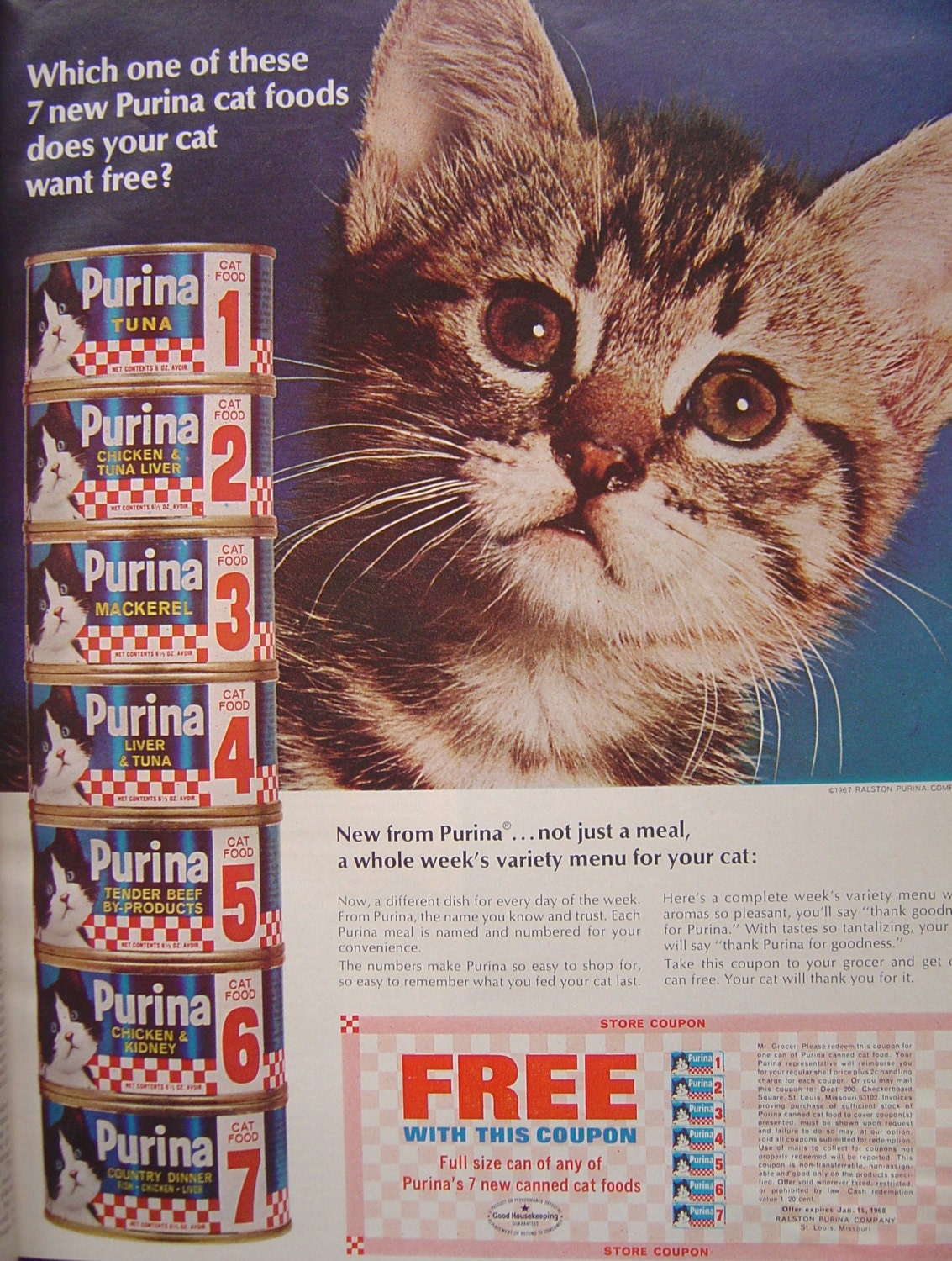Vintage 1967 Purina Cat Food Original Advertisement