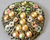 Round Floral Pot Metal Brooch Faux Pearls Enamel