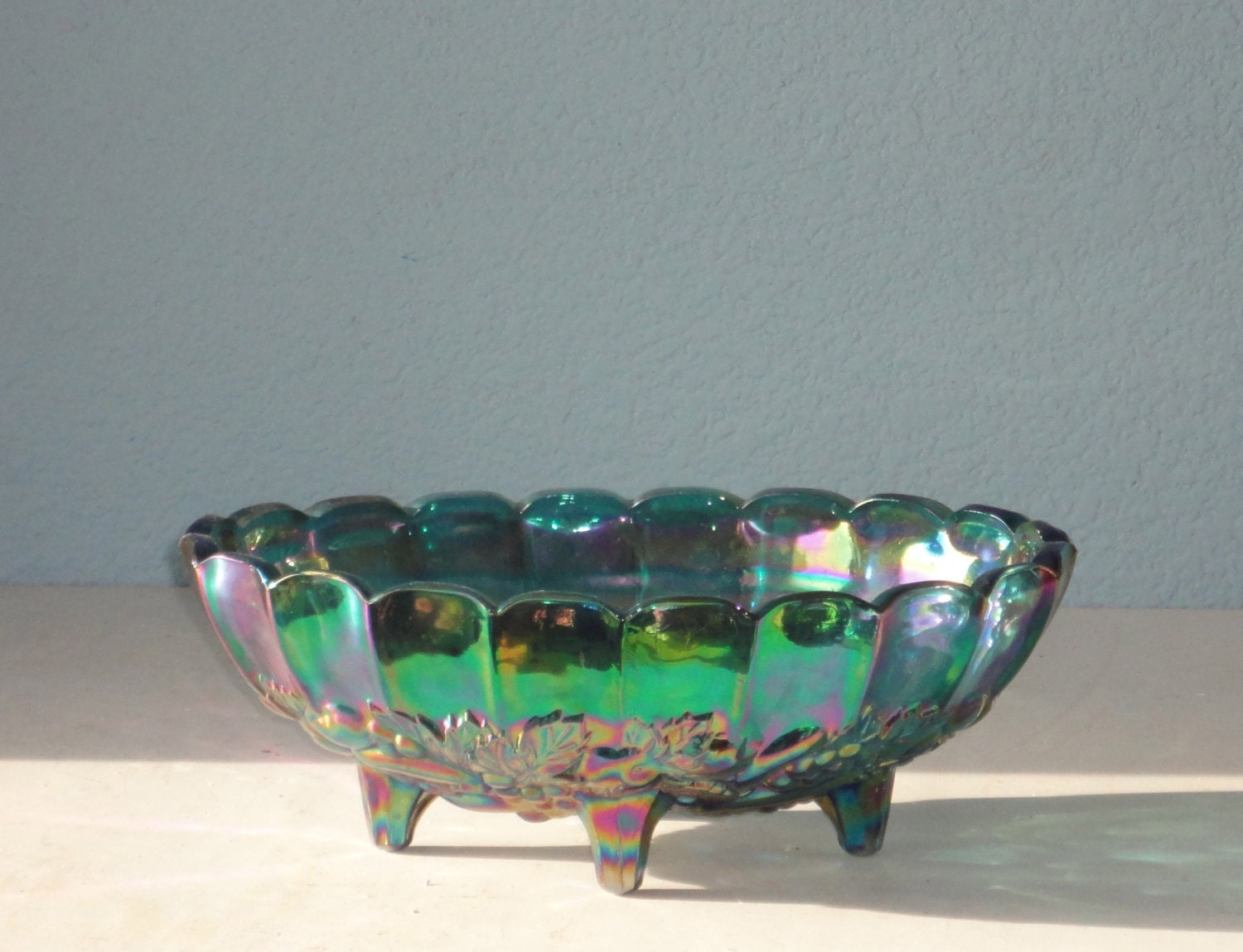Vintage Blue Carnival Glass Footed Bowl