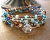 Beachy crochet wrap bracelet - Surf N Sand - Bohemian jewelry, layer summer beach jewelry, long necklace, aqua, gold, copper, pearl, boho