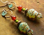 Owl Earrings Copper Carnelian Green Czech Glass OOAK