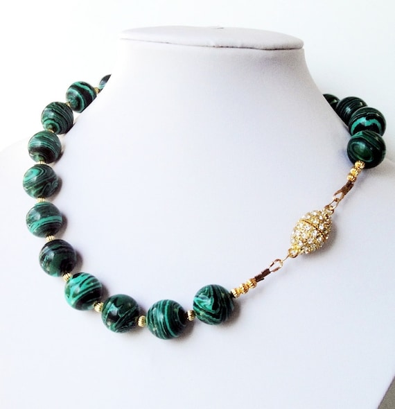 Malachite  Green  Round Gold Plated Rhinestone Magnetic Clasp Chuncky Necklace /One Of A Kind Piece