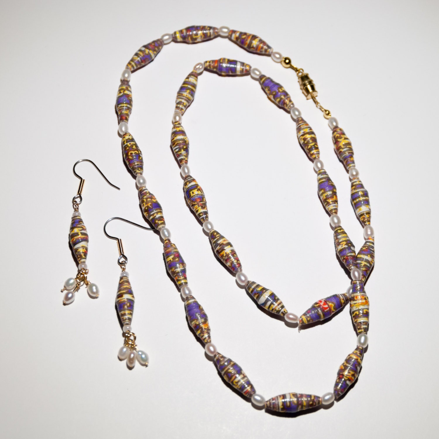 Eco Friendly Lilac Multi Paper Beads and White Pearls Necklace and Earrings Set