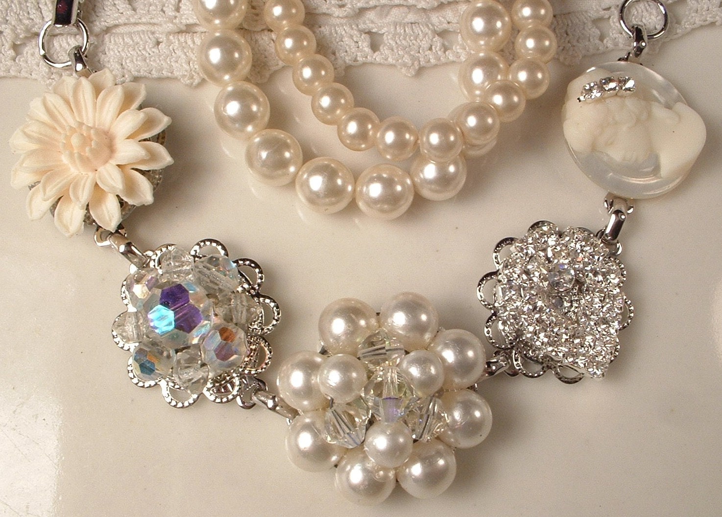 True Vintage Shades of Ivory Pearl, Rhinestone & Crystal Bridal Bracelet, Heirloom Cluster Earring Silver Bracelet One of a Kind