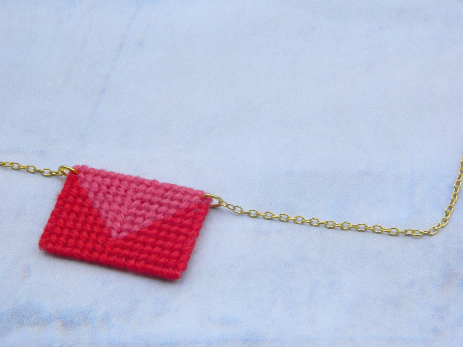 Geometric Envelope Necklace, Red and Pink , Tapestry Pendant