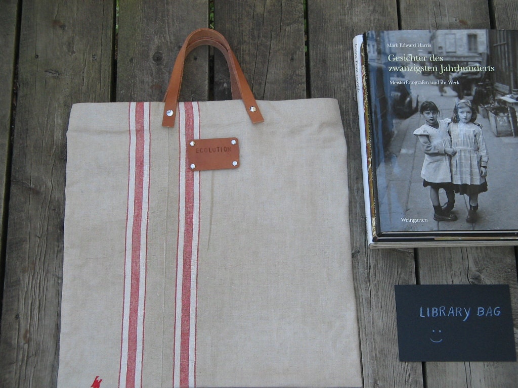 Adorable Medium French Linen Library Book Bag -Sand Red stripe- Leather Handles- Personalized Shopping Tote - Durable Hemp
