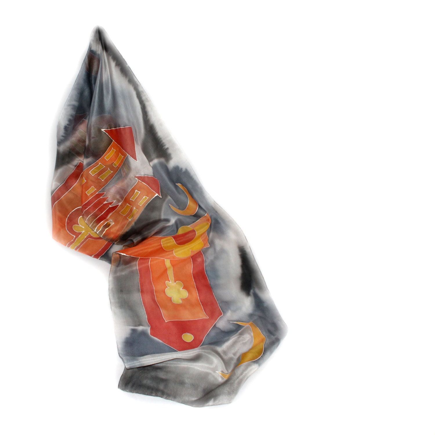 Hand Painted Long Silk Scarf, Black and Orange Colors, Figures, Houses, Trees, Flowers