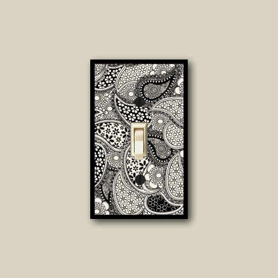 black and white paisley wall decor, floral light switch cover, boho chic home decor, paisely switch plate cover, flower wall decor DP-121-S1