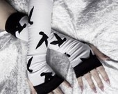 Nevermore Arm Warmers - White with Black Birds - Ravens Yoga Hooping Gothic Bellydance Crows Cycling Victorian Lolita Goth