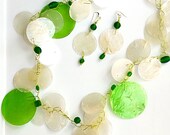 Amphritite Sea Goddess Emerald Green Statement Necklace with Earrings Recycled Capiz Sea Shells