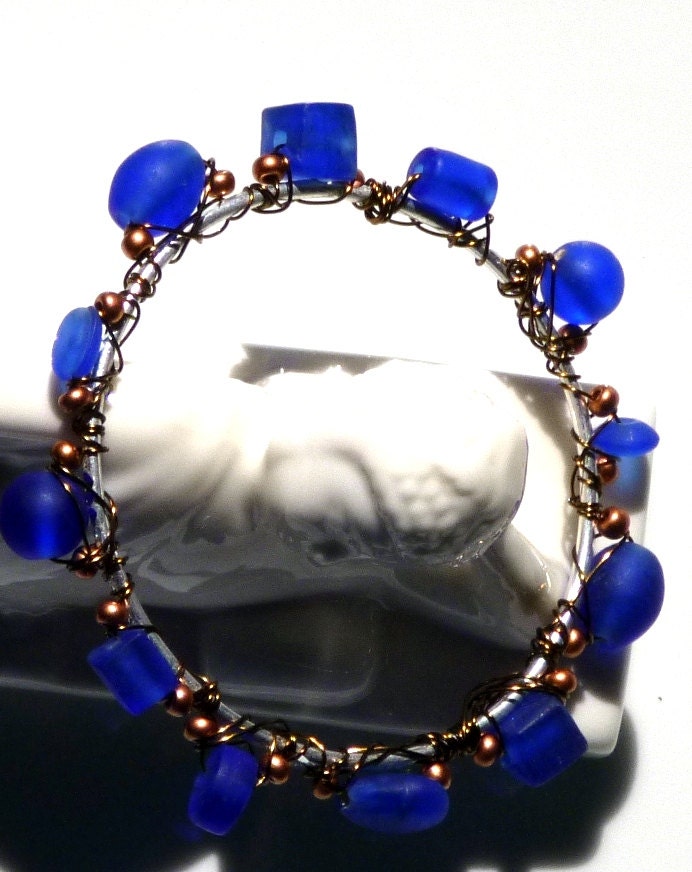 Deep Ocean Blue Blessing Bangle Recycled Artisan Bracelet Dark Blue and Copper Glass Beads