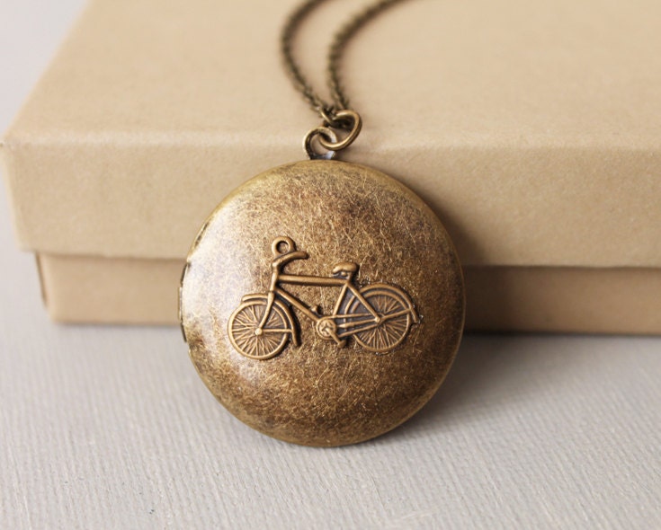 Bicycle Locket Necklace. vintage style brass round locket