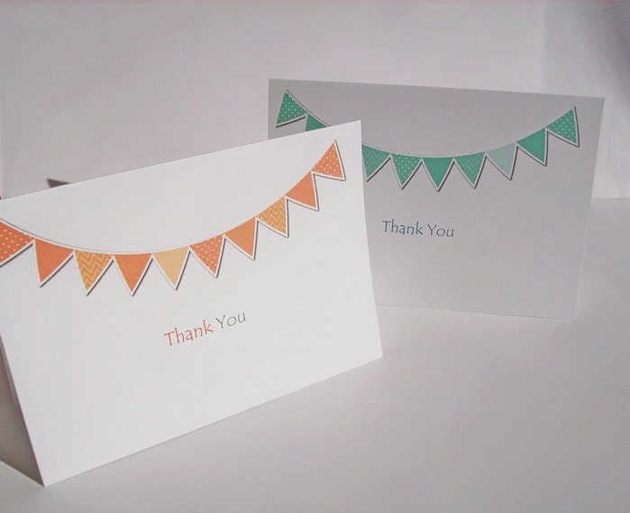 Bunting Banner Thank You Cards - Party Banners, Chevron Dots Solid Pennant Flags, Orange Bright Teal Mint Lime Green Red