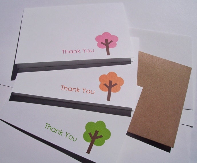 Thank You Card Set - Modern Trees, Spring Summer Fall Thank You Notes, Woodland Green Pink Orange Tree Thank You Cards