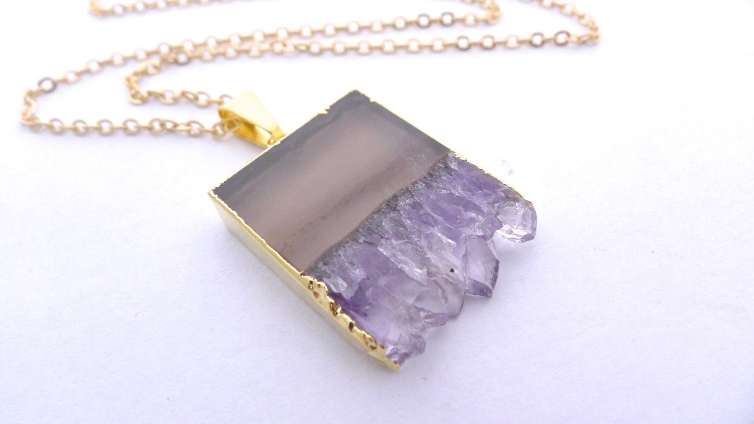 Amethyst Slice Necklace, Purple Orange Green White, Edged in Gold, 18 inch Chain, Handmade Jewelry