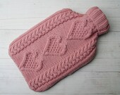 Knitted Hot water Bottle Cover in Merino Wool Hearts Pink Aran Cable