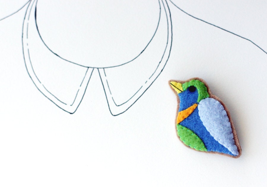Bird Brooch Felt Pin - Colorful Blue Green Tangerine Lavender Colorblock